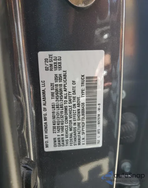2020 Honda Ridgeline Rtl from USA, damaged, VIN 5FPYK3F73LB006438